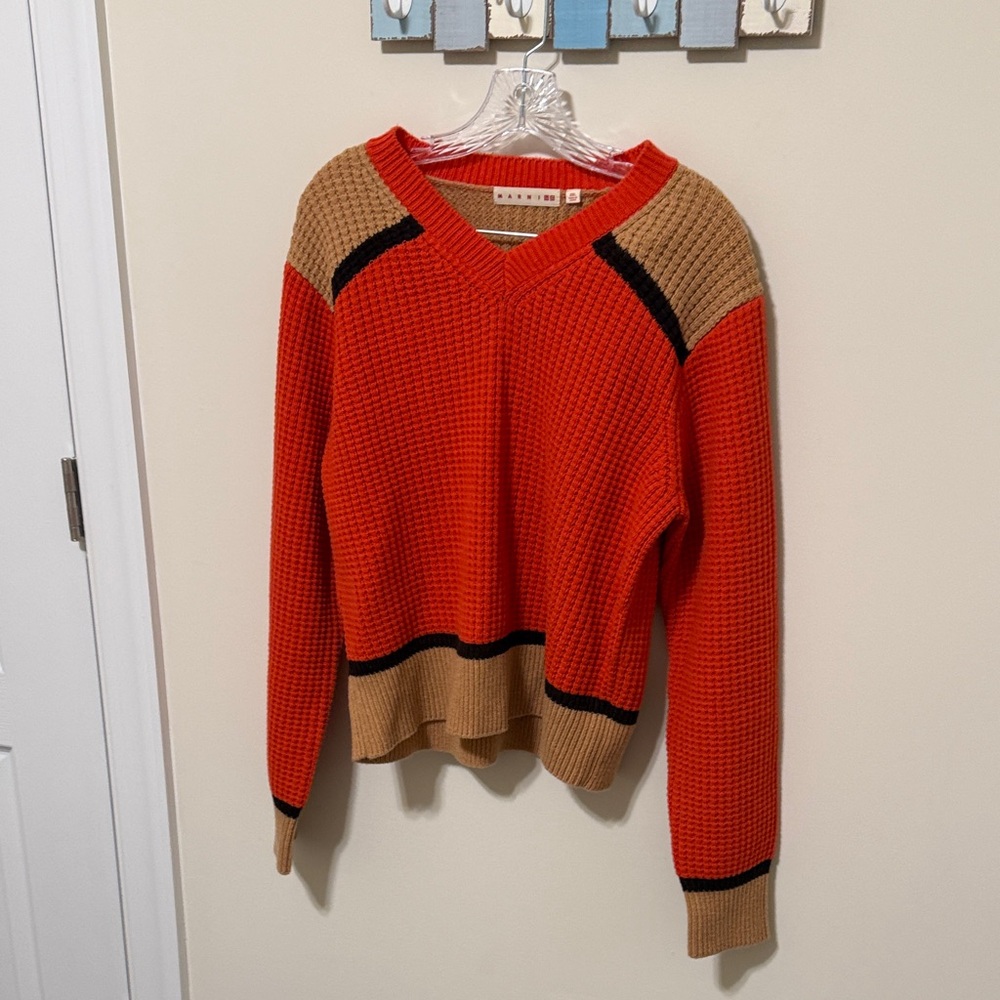 Marni Uniqlo Women’s Popcorn Knit V-Neck Sweater - Orange, Tan, Black / Size XXL